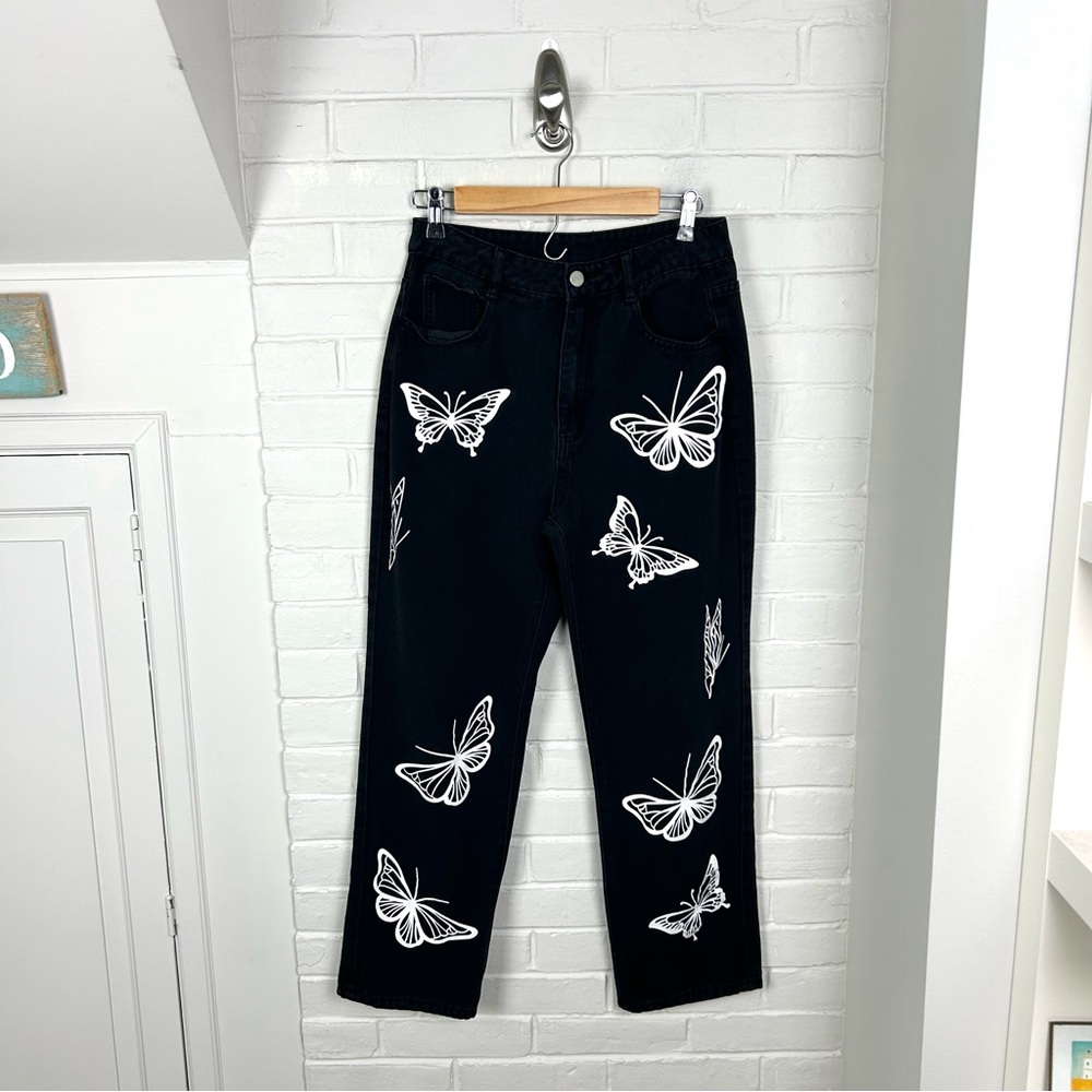 SHEIN Black Butterfly Printed Straight Leg Jeans Size M